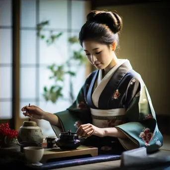 Japanese tea ceremony with kimono-clad hosts and matcha preparation - Image 4