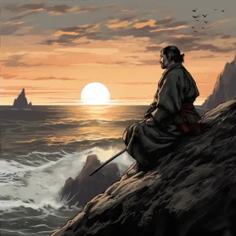 Samurai meditating before final battle on a cliff with serene sunset over calm sea - Image 4