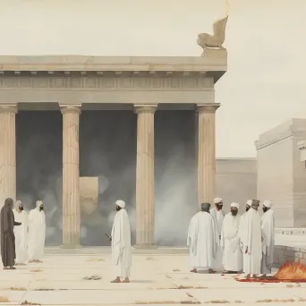 Ancient Zoroastrian fire temple with burning flame and worshippers in white robes during a ceremony - Image 1