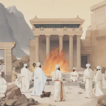 Ancient Zoroastrian fire temple with burning flame and worshippers in white robes during a ceremony - Image 3