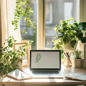 Trendy workspace with laptop and notebook in bright room - Image 2