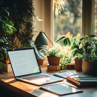 Trendy workspace with laptop and notebook in bright room - Image 3