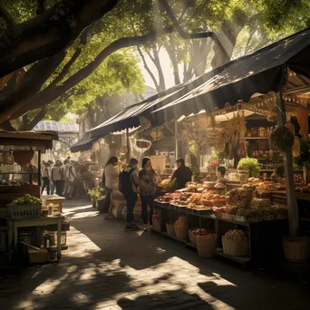 Street market café with vendors, fresh produce, and diners - Image 1