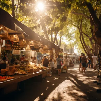 Street market café with vendors, fresh produce, and diners - Image 2