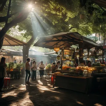 Street market café with vendors, fresh produce, and diners - Image 3