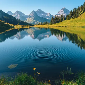 Tranquil alpine lake with granite peaks and green meadows - Image 1