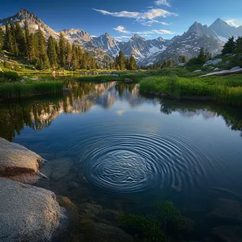 Tranquil alpine lake with granite peaks and green meadows - Image 2