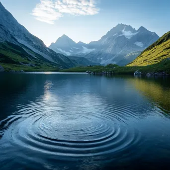 Tranquil alpine lake with granite peaks and green meadows - Image 4