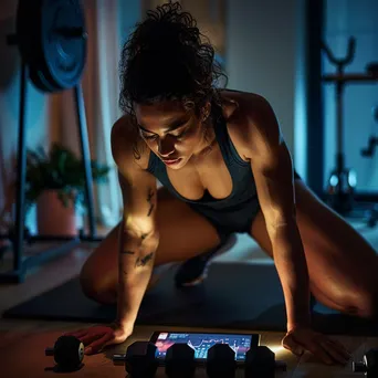 Woman doing strength training while tracking performance on a tablet in a home gym - Image 3