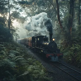 Antique steam locomotive passing through a misty forest - Image 1