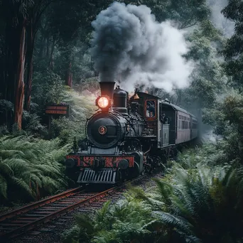 Antique steam locomotive passing through a misty forest - Image 3