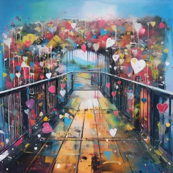 Illustration of a footbridge covered in graffiti and love locks, combining urban art and sentimental gestures - Image 1