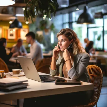 A woman on a phone call while typing on a laptop in a co-working space. - Image 1