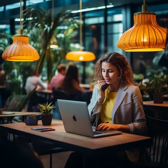 A woman on a phone call while typing on a laptop in a co-working space. - Image 3