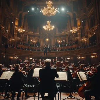 Conductor leading a symphonic orchestra in a grand hall. - Image 1