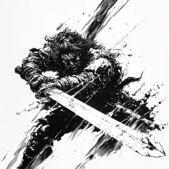 Artwork of a warrior mirrored in the blade of a detailed sword, using a high contrast ink technique - Image 1