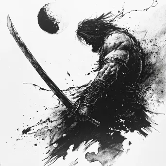 Artwork of a warrior mirrored in the blade of a detailed sword, using a high contrast ink technique - Image 4