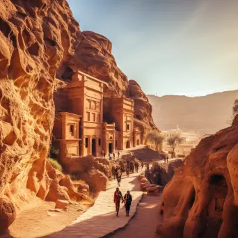 Petra ancient city with tourists on the trail under warm sunlight - Image 3