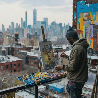 An artist painting from a rooftop with city skyline views - Image 1