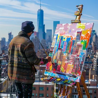 An artist painting from a rooftop with city skyline views - Image 4