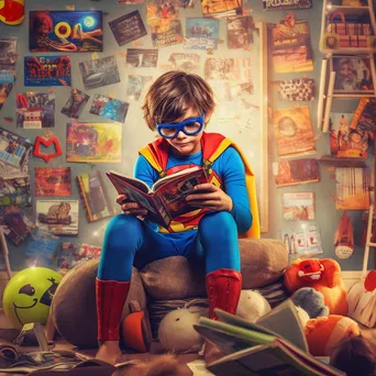 Child in superhero costume reading a book - Image 1