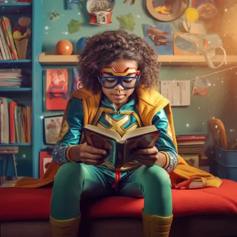 Child in superhero costume reading a book - Image 3