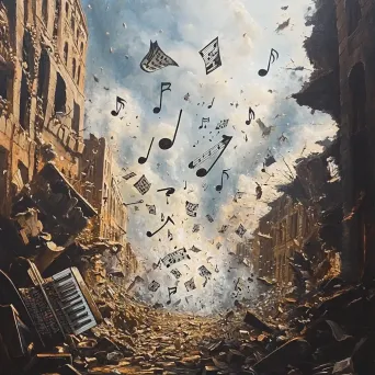 Surreal oil painting of peaceful musical notes floating amidst destruction of city - Image 1