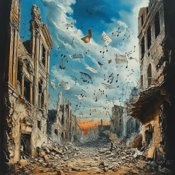 Surreal oil painting of peaceful musical notes floating amidst destruction of city - Image 4