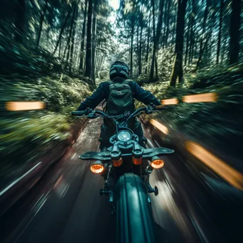 Motorcycle racing through a winding forest trail - Image 1