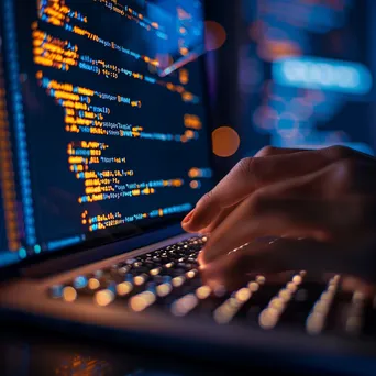 Close-up of a hand typing on a laptop keyboard with code displayed on the screen. - Image 1