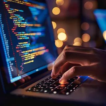 Close-up of a hand typing on a laptop keyboard with code displayed on the screen. - Image 4