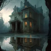 Ghostly reflection of an old mansion in misty window - Image 1