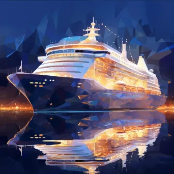 Luxury cruise ship at twilight in low poly style with lights reflecting on water - Image 3