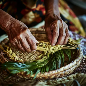 Hands weaving a palm leaf basket close-up - Image 1