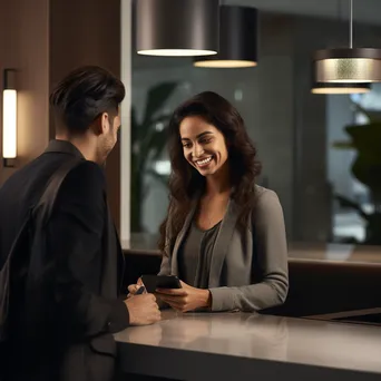 Bank teller assisting customer at a modern counter - Image 1