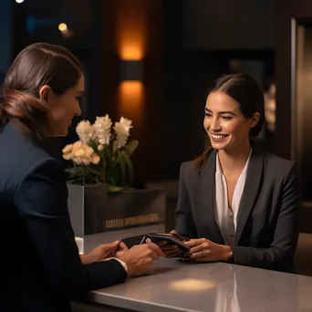 Bank teller assisting customer at a modern counter - Image 4