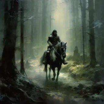 Knight on horseback in a dense and mysterious forest - Image 3