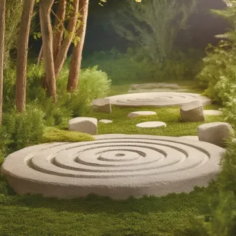 Labyrinth stone path for contemplative walks in a lush green garden at dawn - Image 1