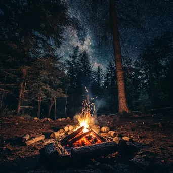 Woodland clearing at night with a campfire and starlit sky. - Image 2