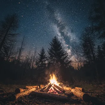 Woodland clearing at night with a campfire and starlit sky. - Image 4