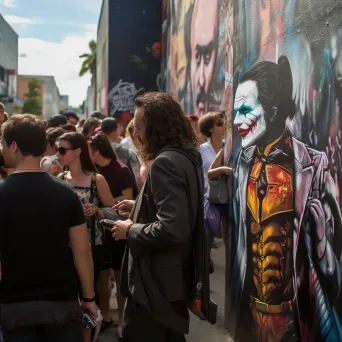 Street art style depiction of a bustling comic convention with various pop culture universities mingling - Image 1