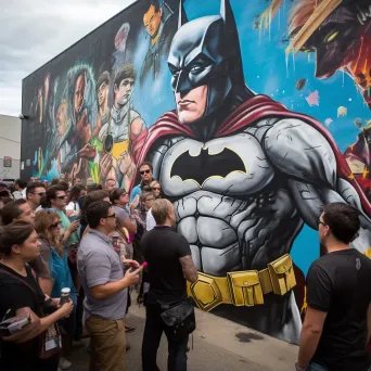 Street art style depiction of a bustling comic convention with various pop culture universities mingling - Image 2