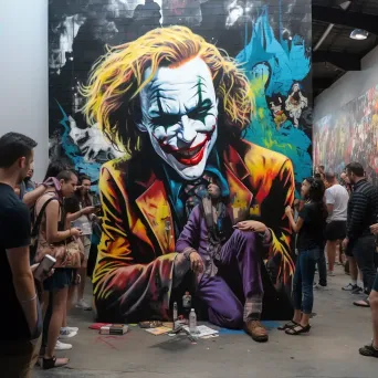 Street art style depiction of a bustling comic convention with various pop culture universities mingling - Image 4