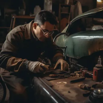 Antique car restoration workshop with skilled hands and tools - Image 1