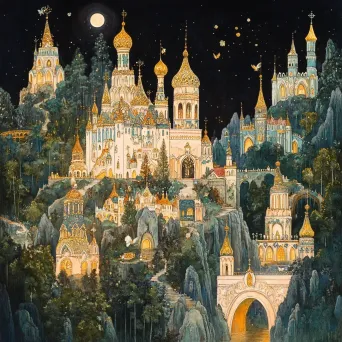 Vibrant fairy kingdom with golden and moonstone architecture, with mystical inhabitants fluttering around - Image 1