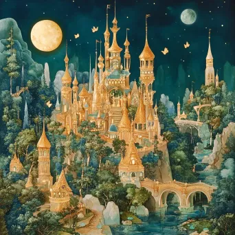 Vibrant fairy kingdom with golden and moonstone architecture, with mystical inhabitants fluttering around - Image 4