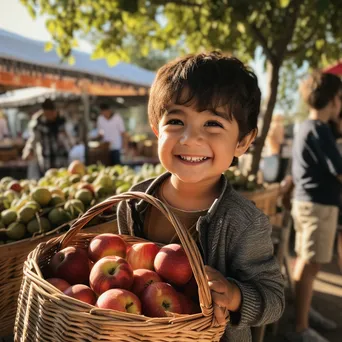 Child holding a basket of organic apples. - Image 1