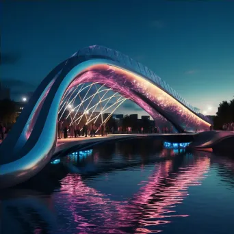 Sculptural pedestrian bridge over river with dynamic lighting - Image 4