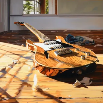 Close-up of a guitar with broken strings on a wooden floor - Image 3