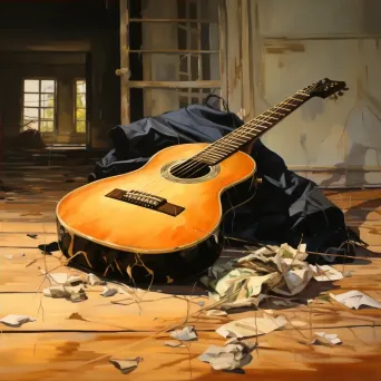 Close-up of a guitar with broken strings on a wooden floor - Image 4